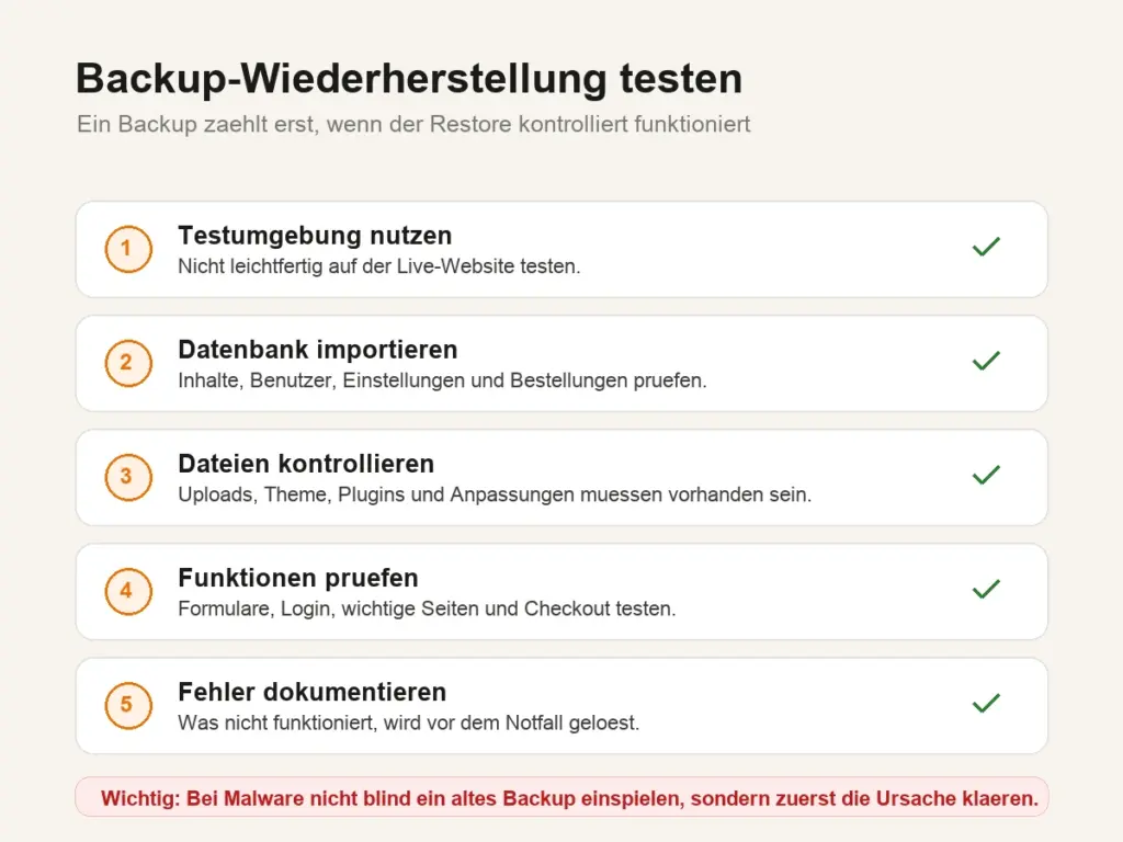WordPress Backup Wiederherstellung testen Checkliste fuer den WordPress Backup Wiederherstellungstest mit Testumgebung, Dateien, Datenbank und Funktionspruefung