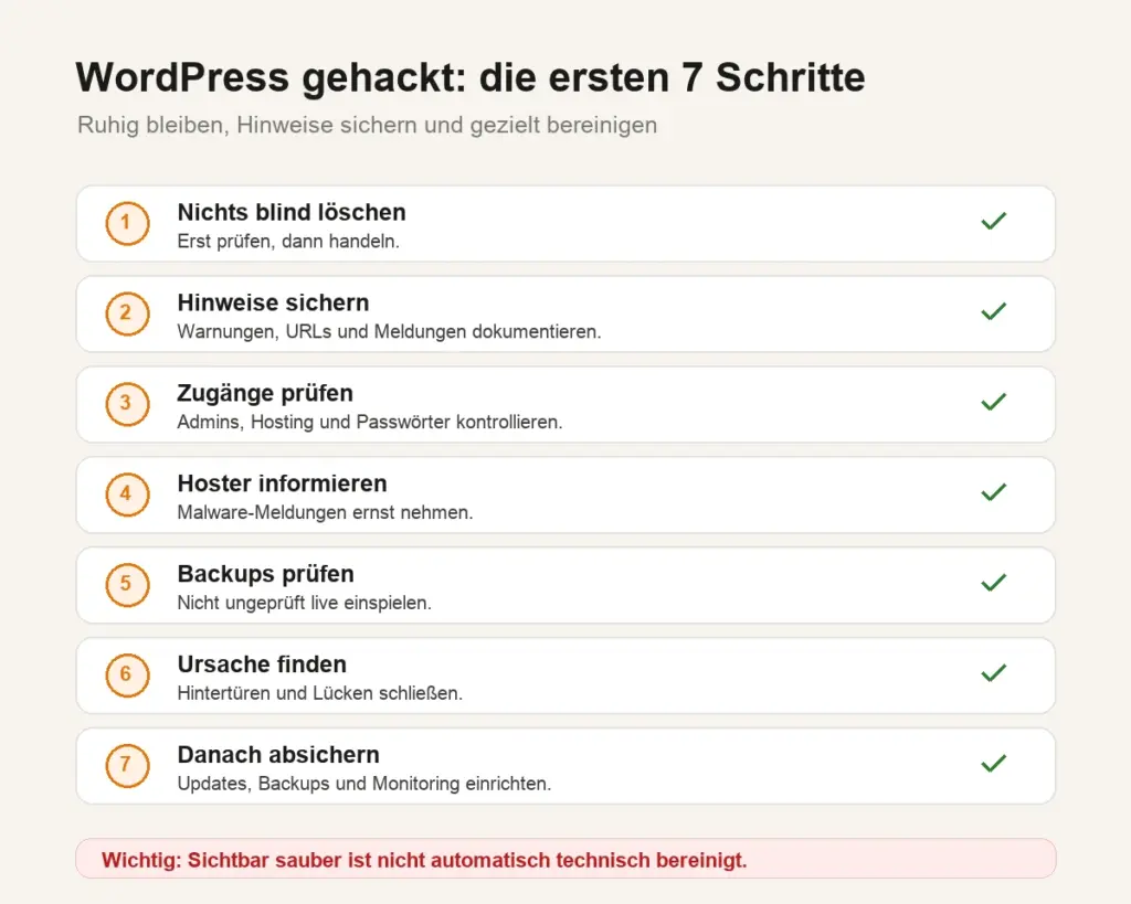 WordPress gehackt erste Schritte Erste Schritte bei gehackter WordPress Website mit Website isolieren, Beweise sichern, Zugänge prüfen und Soforthilfe holen