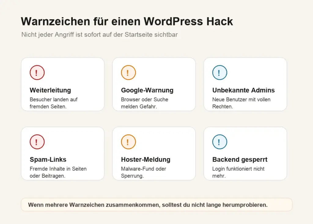 WordPress Hack Warnzeichen Warnzeichen für einen WordPress Hack mit Weiterleitungen, unbekannten Admins, Google-Warnung und verdächtigen Dateien