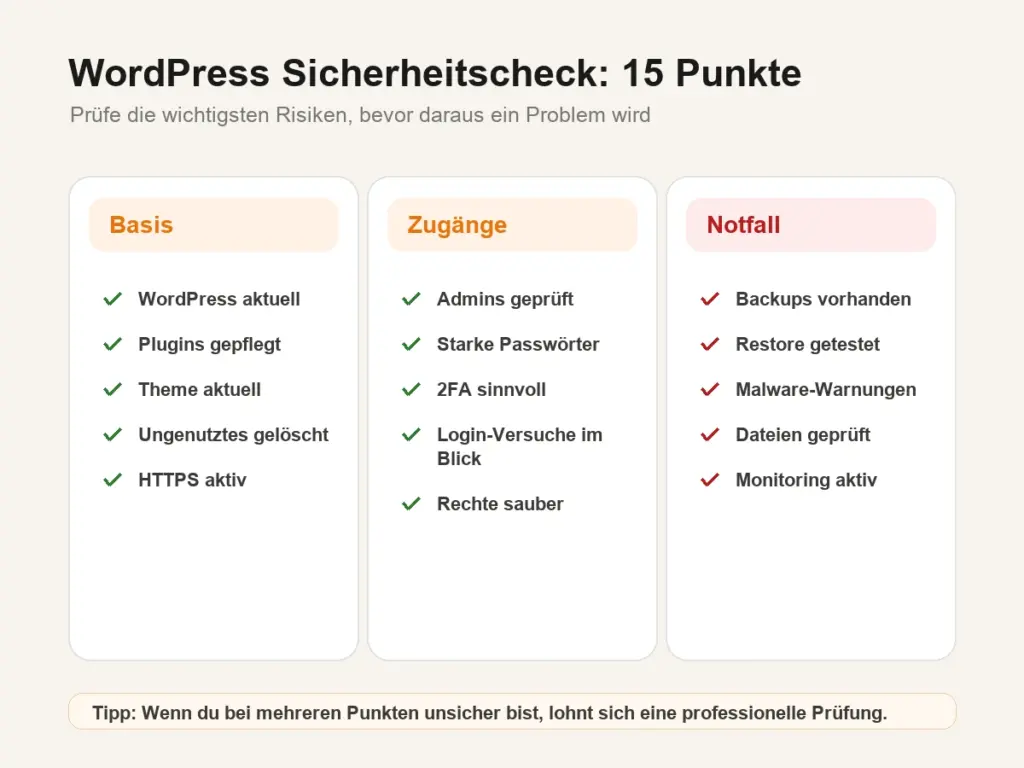 wordpress-sicherheitscheck-15-punkte 15 Punkte fuer einen WordPress Sicherheitscheck mit Updates, Backups, Login-Schutz und Malware-Pruefung
