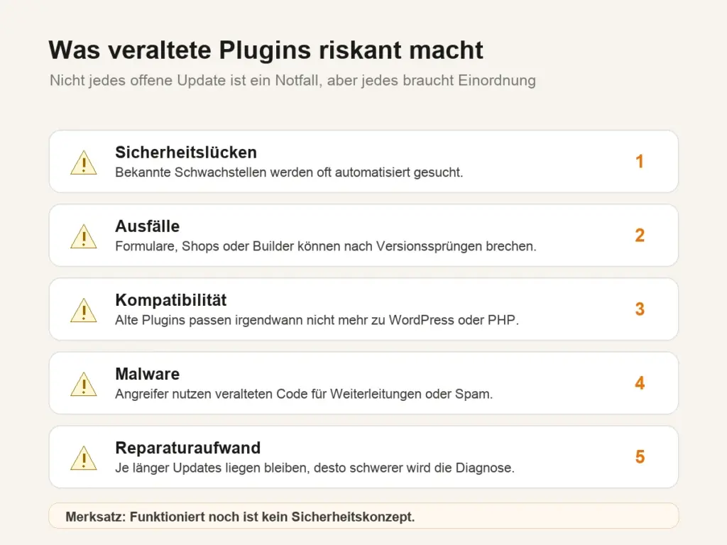 Übersicht zu Risiken veralteter WordPress Plugins wie Sicherheitslücken, Ausfälle und Kompatibilitätsprobleme