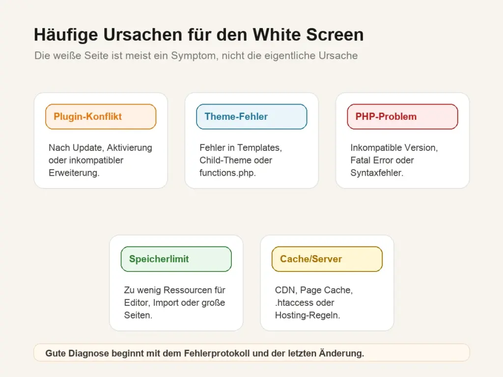 Übersicht typischer Ursachen für eine weiße WordPress-Seite wie Plugin-Konflikt, Theme-Fehler und PHP-Problem