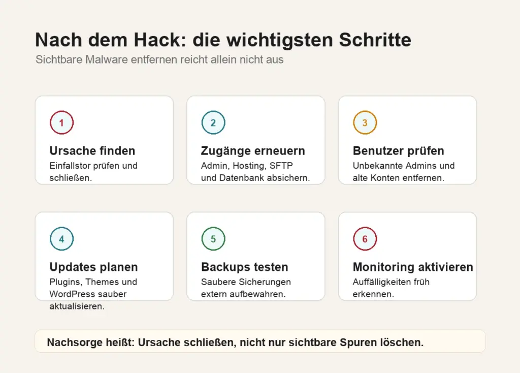 Übersicht der wichtigsten Schritte nach einem WordPress Hack von Ursache prüfen bis Monitoring aktivieren