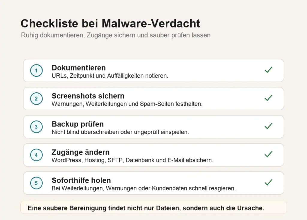 Checkliste bei Verdacht auf WordPress Malware mit Dokumentation, Backup, Zugängen und Soforthilfe
