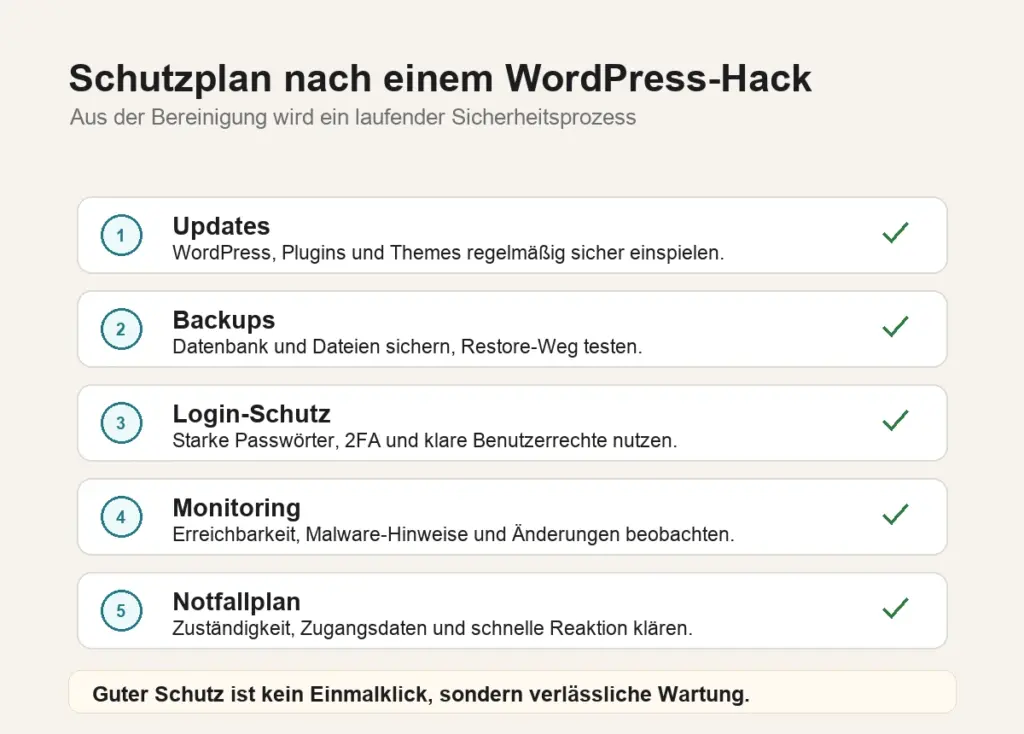Schutzplan für WordPress nach einem Hack mit Updates, Backups, Firewall, Monitoring und Sicherheitscheck