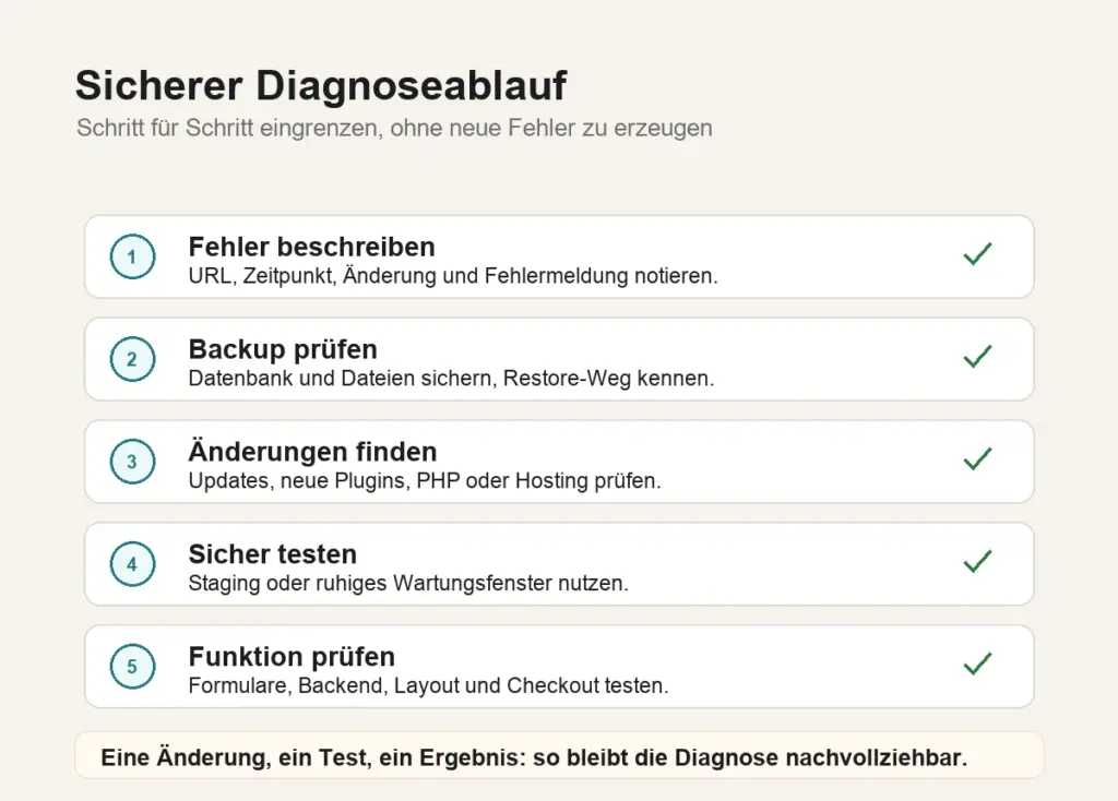 WordPress Plugin-Konflikt Diagnose Diagnoseablauf für einen WordPress Plugin-Konflikt mit Backup, Testumgebung, Plugin-Prüfung und Funktionskontrolle