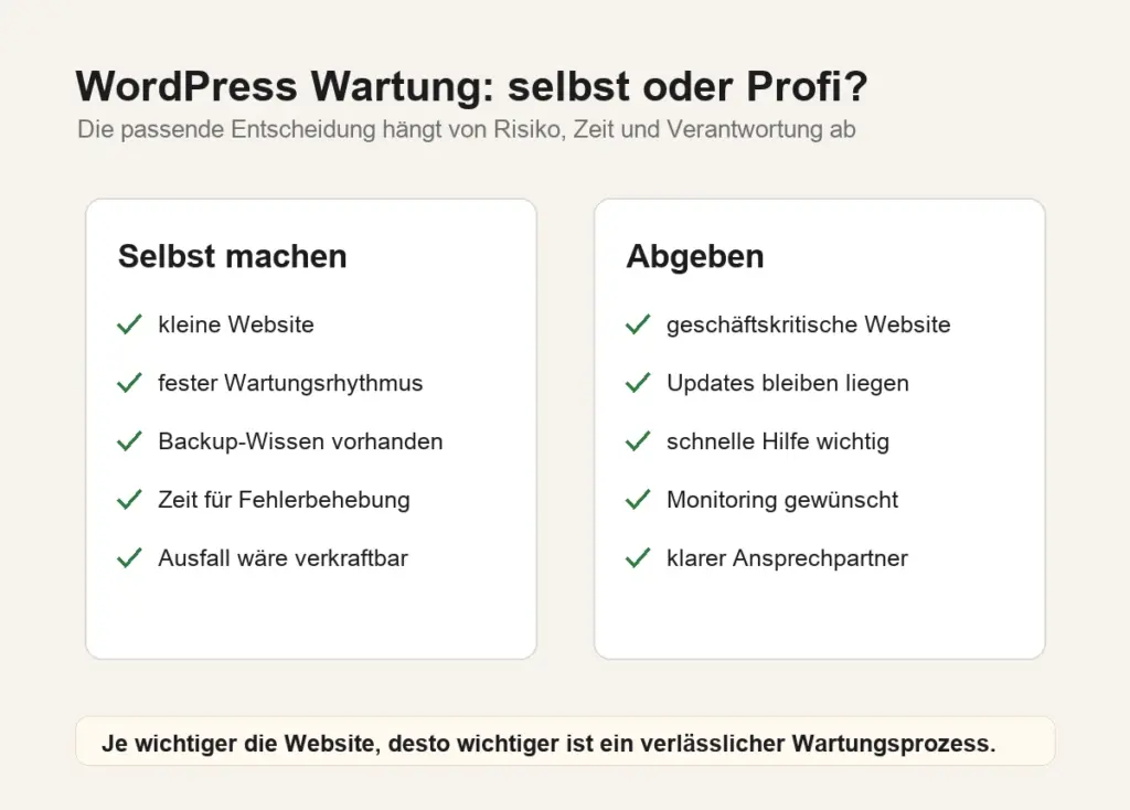 WordPress Wartung selbst oder Profi Vergleich Vergleich zwischen WordPress Wartung selbst machen und professionelle Wartung abgeben