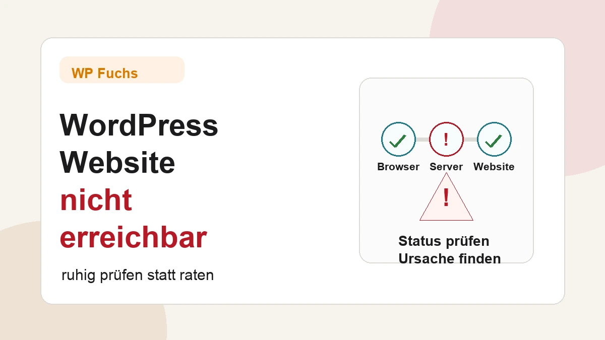 WordPress Website nicht erreichbar mit Warnsymbol, Diagnoseplan und Verbindungsstatus