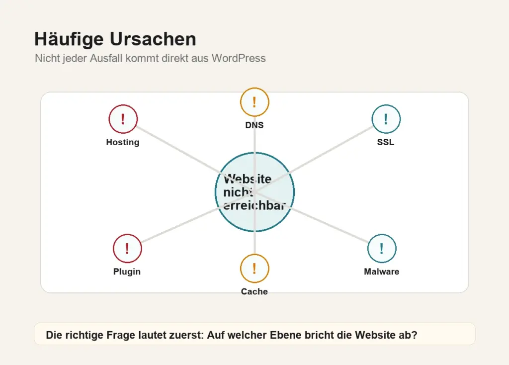 Häufige Ursachen für eine nicht erreichbare WordPress Website wie Hosting, DNS, SSL, Plugin-Konflikt, Cache und Malware