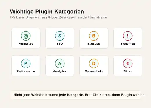 Übersicht wichtiger WordPress-Plugin-Kategorien für kleine Unternehmen von SEO über Sicherheit bis Analytics