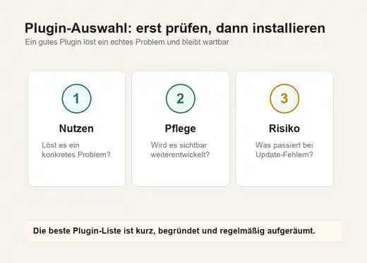 Auswahlmatrix für WordPress-Plugins kleiner Unternehmen mit Kriterien wie Nutzen, Pflegeaufwand und Datenschutz