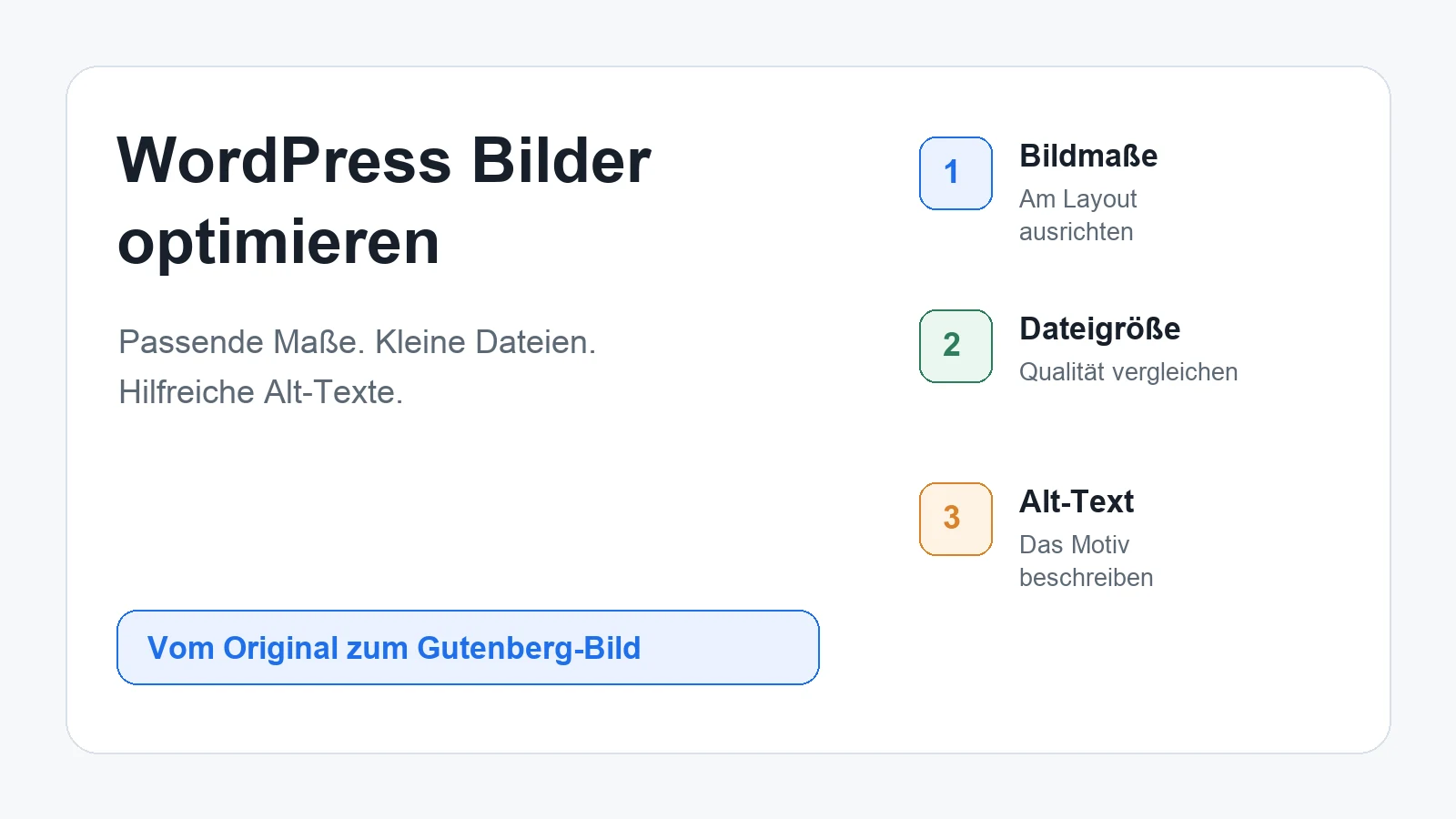 Übersicht zur Bildoptimierung in WordPress mit den drei Bereichen Bildmaße, Dateigröße und Alt-Text