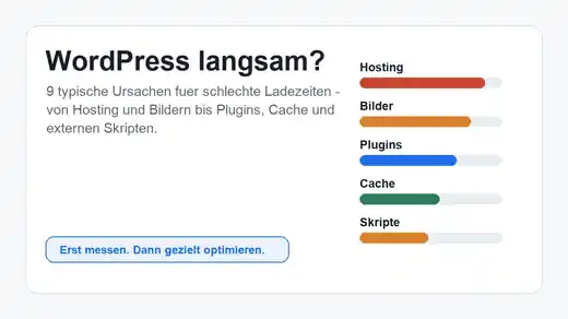 Langsame WordPress-Website mit Symbolen für Hosting, Bilder, Plugins, Cache und externe Skripte